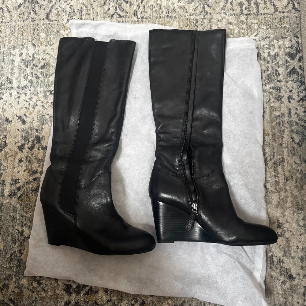 Classic Franco Sarto Knee-High Wedge Boots Black Leather 8.5m + bag